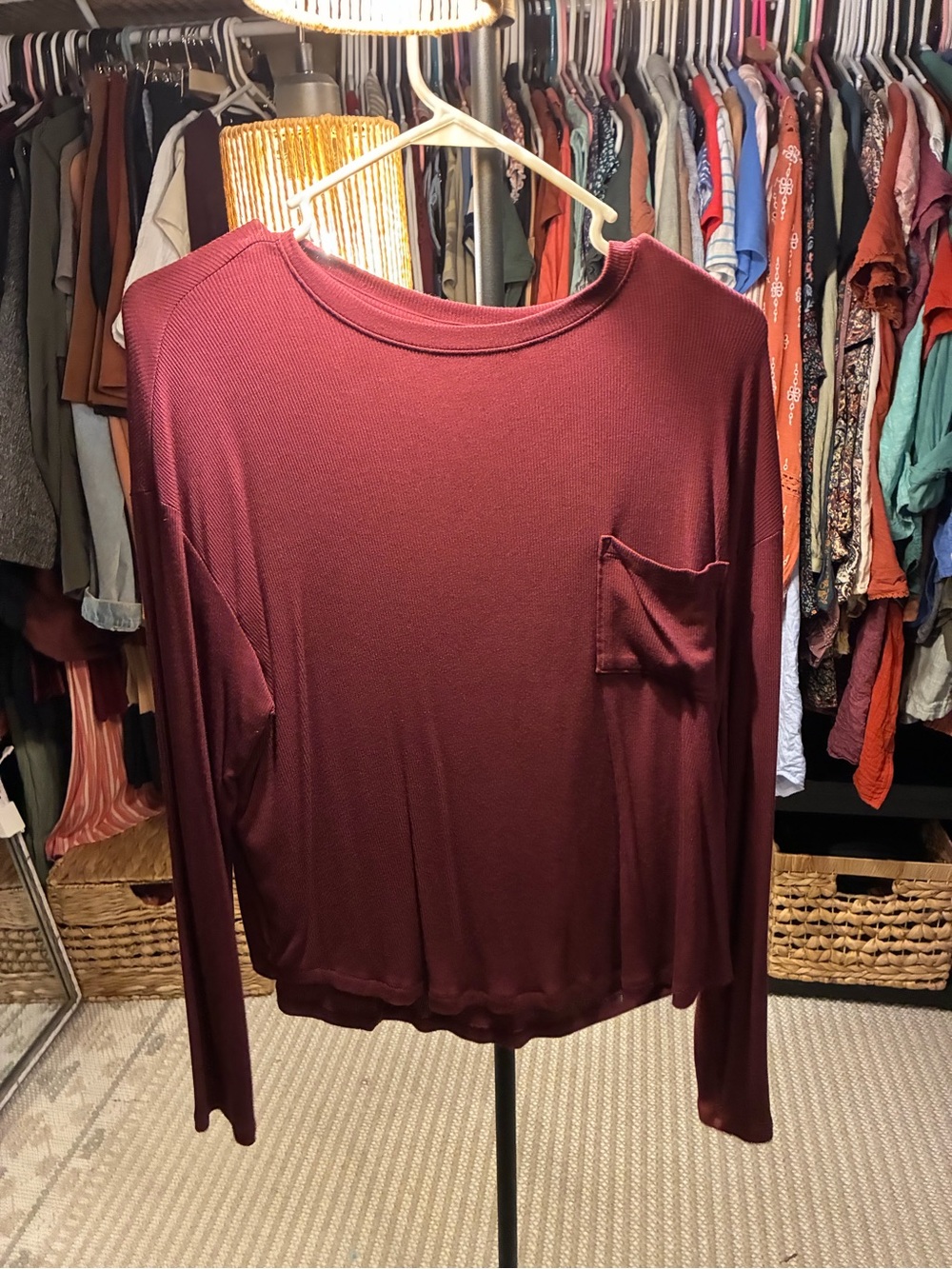 American Eagle Outfitters Long Sleeve Pocket Tee - Burgundy